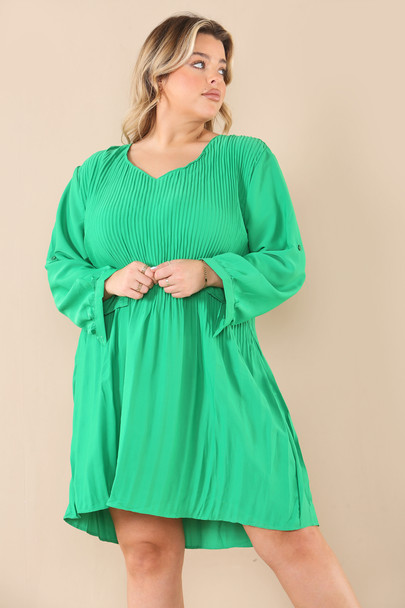 Pleated Long Sleeved Dress Mid & Plus Size Wholesale Clothing