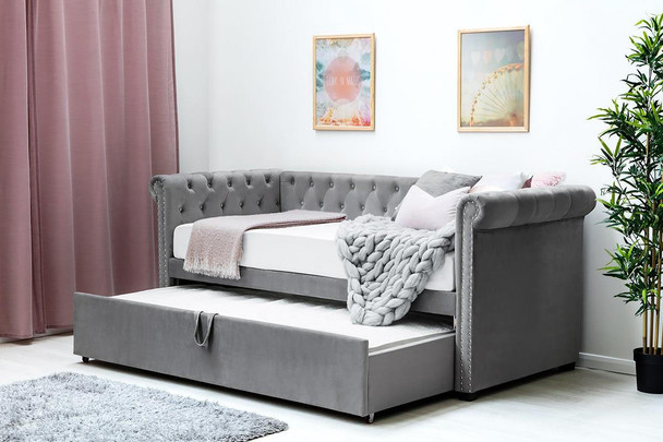  Clarendon Grey Velvet Fabric Day Bed With Guest Bed 