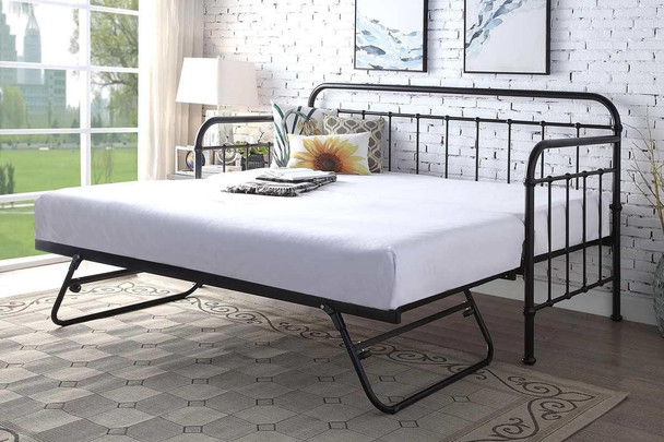  Harlow Black / White / Antique Metal Day Bed with Folding Guest Trundle - Single 