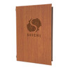 Wood Look Elastic Menu Cover 5.5 x 8.5 in cedar with burnished logo.