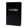 Delano Elastic Menu Cover 5.5 x 8.5 in black with metallic gold foil stamp.