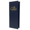 Summit Linen Elastic Menu Cover 4.25 x 11 in Navy with satin gold foil stamp.