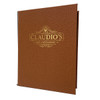 Preston Faux Leather Elastic Menu Cover 8.5 x 11 in copper with black elastic menu cord holds 17 x 11 sheets of paper folded to 8.5 x 11.