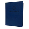 Prima Faux Leather Elastic Menu Cover 5.5 x 8.5 in cobalt with gold elastic menu cord holds 8.5 x 11 sheets of paper folded to 5.5 x 8.5.