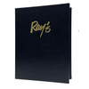 Carina Elastic Menu Cover 7 x 8.5 in black with satin gold foil stamp.
