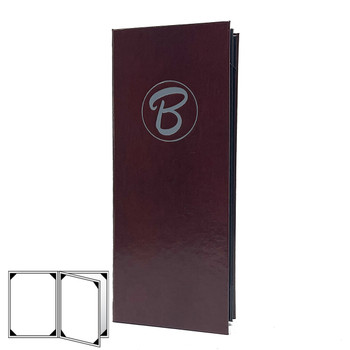 Bonded Leather Four View Menu Cover in burgundy with matte dark grey foil stamp.