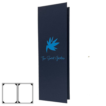 Summit Linen Two View Menu Cover 4.25 x 14 with Summit Linen Navy and Matte Blue Foil Stamp.
