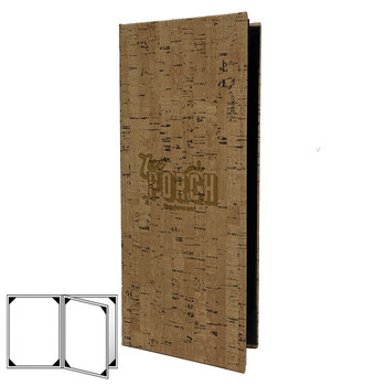 Cork Look Four View Menu Cover 4.25x11 in natural with burnished logo.