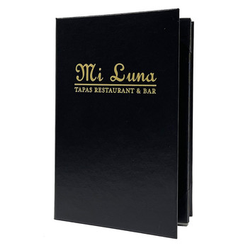 Delano Six View Menu Cover 5.5 x 8.5 in black with satin gold foil stamp.