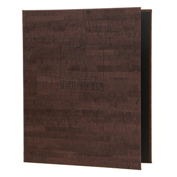 Cork look screw post menu cover in cocoa with optional burnished logo.