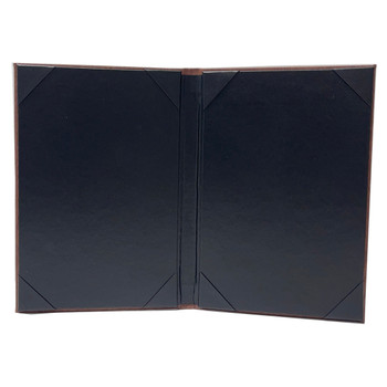 Wood Look Two View Menu Cover 5.5 x 8.5 with diploma corners and Delano Black interior.