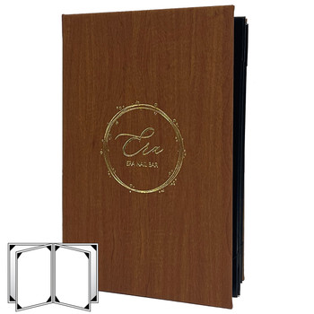 Wood Look Menu Cover Six View Menu Cover 5.5 x 8.5 in cedar with metallic gold foil stamp.