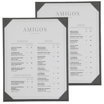 Linen One Panel Two View Menu Board shown in Pewter with diploma corners Linen One Panel Two View Menu Board shown in Pewter with diploma corners