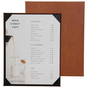 Bordeaux One View Menu Board 8.5" x 11" shown in Terra with Linen French Roast Interior Panel
