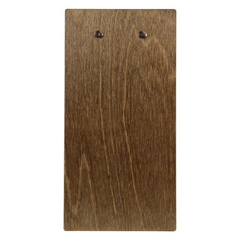 Back view of baltic birch wood check presenter with flat clip in walnut stain.