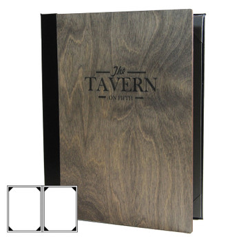Baltic Birch Two View Menu Cover shown in driftwood finish with laser engraved logo.