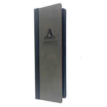 Baltic Birch Four View Menu Cover shown in beechwood finish with laser engraved logo.