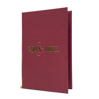 Summit Linen Elastic Menu Cover 5.5 x 8.5 in burgundy with metallic gold foil stamp.