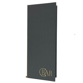 Summit Linen Elastic Menu Cover 4.25 x 11 in charcoal with metallic gold foil stamp.