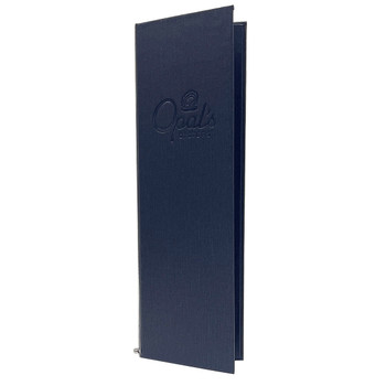 Summit Linen Elastic Menu Cover 4.25 x 14 in Navy with blind debossed artwork.