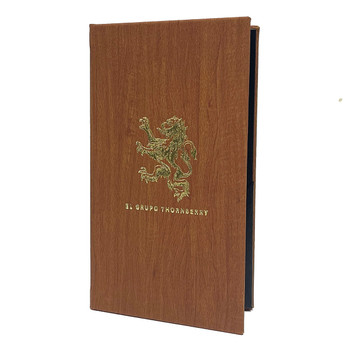 Wood Look Two View Check Presenter 5x9 in cedar with metallic gold foil stamp.