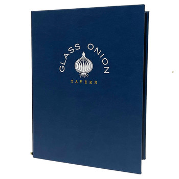 Prima Elastic Menu Cover 8.5x11 in cobalt with white and yellow foil stamps.