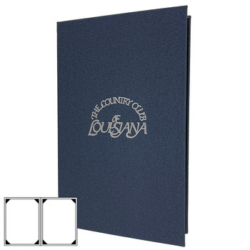 Preston Two View Menu Cover 8.5x14 in ocean with satin silver foil stamp.