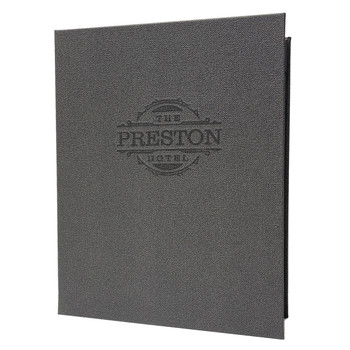 Preston Six View Menu Cover 8.5x11 in Steel with burnished artwork.