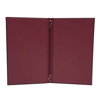Prima Faux Leather Elastic Menu Cover 5.5 x 8.5 interior with Summit Linen Burgundy.