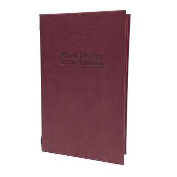 Prima Faux Leather Elastic Menu Cover 5.5 x 8.5 in port with black elastic menu cord and black eyelets holds 8.5 x 11 sheets of paper folded to 5.5 x 8.5.