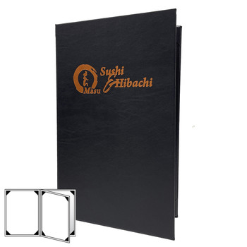 Prima Four View Menu Cover 8.5x14 in ebony with satin copper foil stamp.