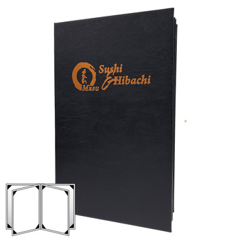 Prima Six View Menu Cover 8.5x14 in ebony with satin copper foil stamp.