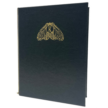 Carina Elastic Menu Cover 8.5x11 in hunter with satin gold foil stamp.