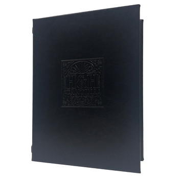 Carina Elastic Menu Cover 7 x 8.5 in black with burnished logo.
