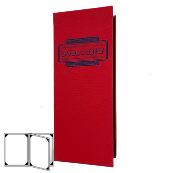 Linen Look Four View Menu Cover 4.25 x 11 in flare with matte navy foil stamp.