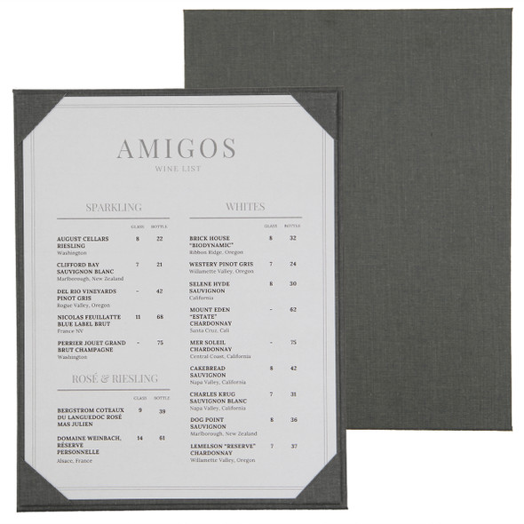 Linen One Panel Menu Board in Pewter with album style diploma corners Linen One Panel Menu Board in Pewter with album style diploma corners