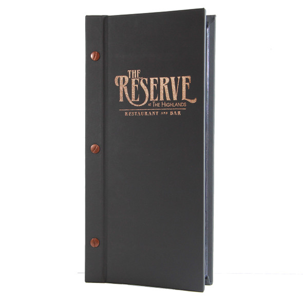 Carnegie Chicago Menu Board in charcoal with bronze foil stamp and bronze screws
