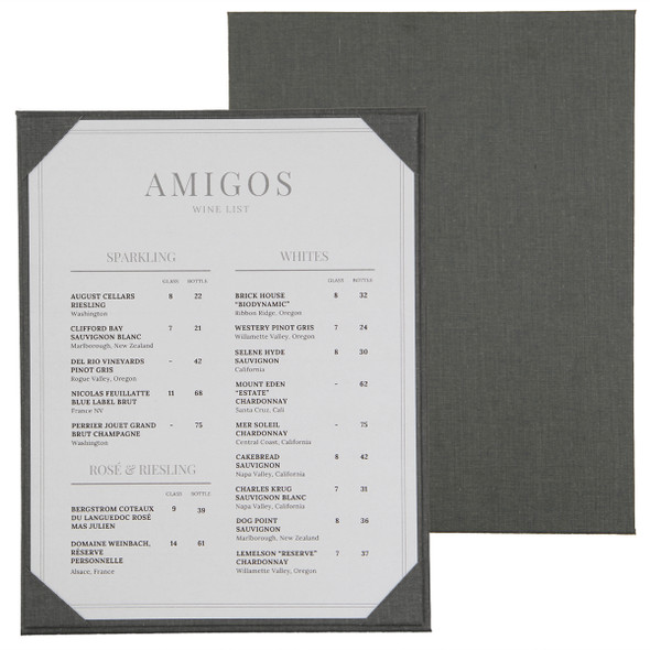 Linen One Panel Menu Board in Pewter with album style diploma corners