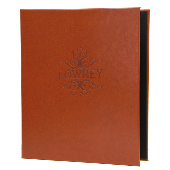 Tavern Screw Post Menu Cover in medium brown with a burnished logo.
