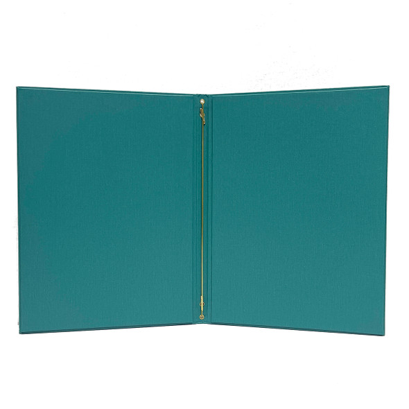 Interior of Summit Linen Elastic Menu Cover 8.5x11 in Teal with matte orange foil stamp with eyelets and elastic barb.