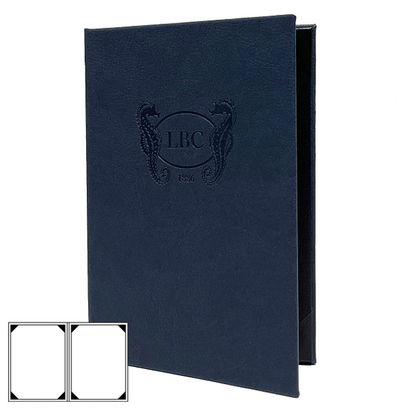 Prima Two View Menu Cover 5.5 x 8.5 in navy with burnished logo.