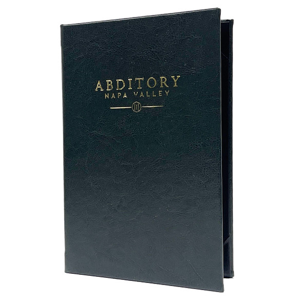 Carina Two View Menu Cover 5.5 x 8.5 in Hunter Green with metallic gold foil stamp.