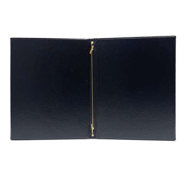 Interior of Carina Elastic Menu Cover 7 x 8.5 in black with gold eyelets and elastic barb.