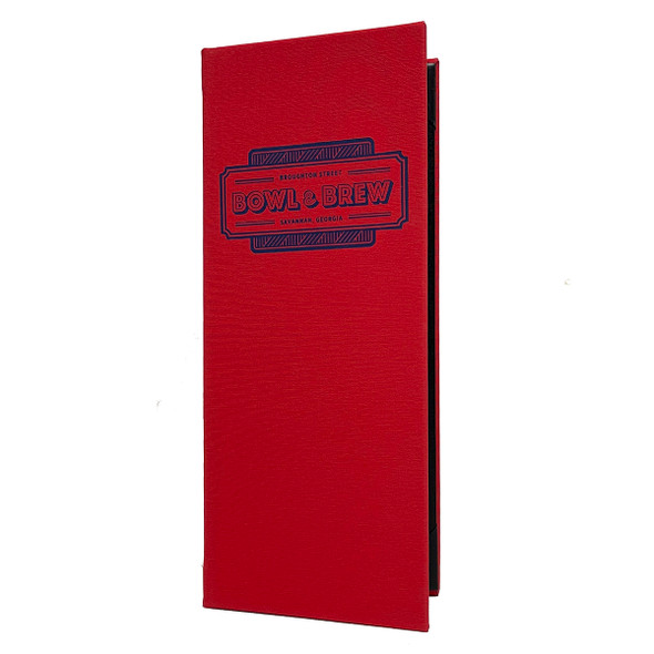 Linen Look Four View Menu Cover 4.25 x 11 in flare with matte navy foil stamp.