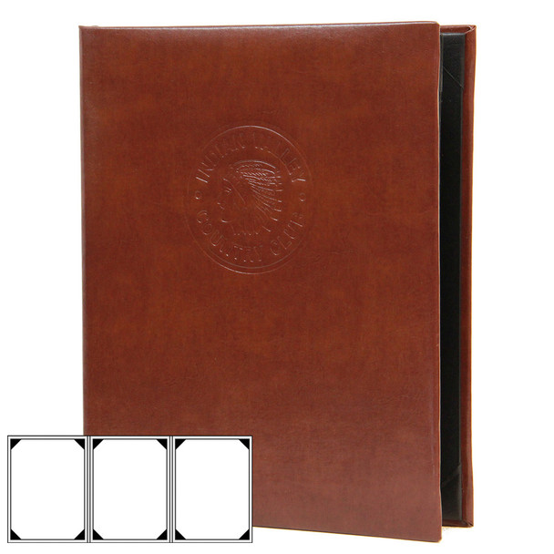 Bonded Leather Three View Menu Cover in brown with a blind debossed logo