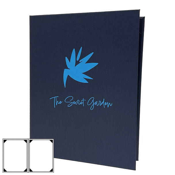 Summit Linen Two View Menu Cover 8.5 x 11 in navy with matte blue foil stamp.