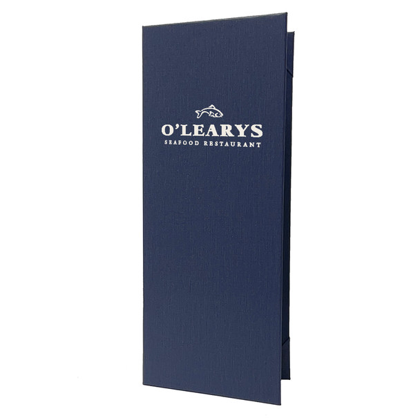 Summit Linen Four View Menu Cover 4.25x11 in Navy with Gloss White Foil Stamp.