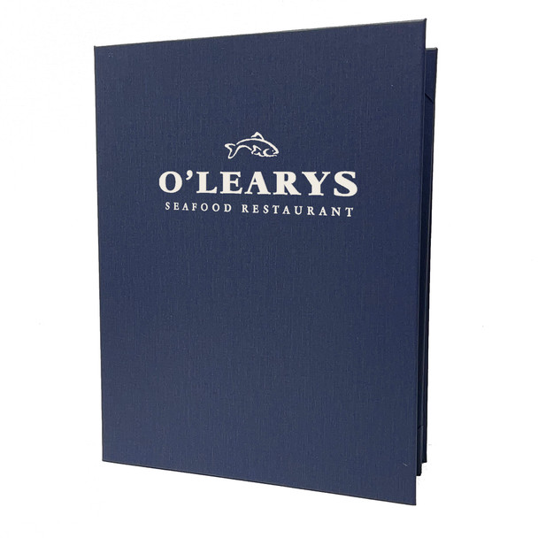 Summit Linen Four View Menu Cover 8.5x11 in Navy with Gloss White Foil Stamp