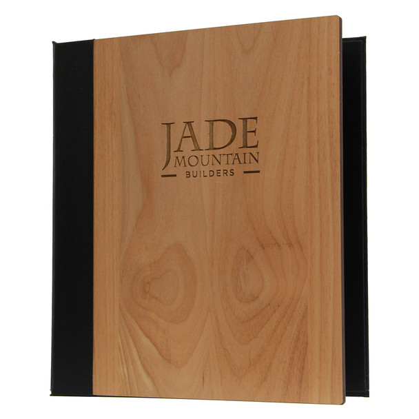 Solid Alder Three Ring Binder shown with natural alder finish and engraved logo.