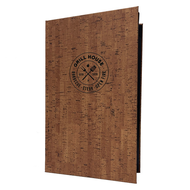  Cork Look Four View Menu Cover 8.5x14 in vintage with a matte black foil stamp.